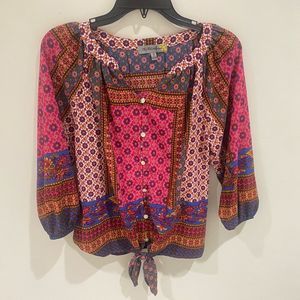 FIGUERCA&flower ANTHROPOLOGIE floral boho tie button down top blouse shirt S EUC